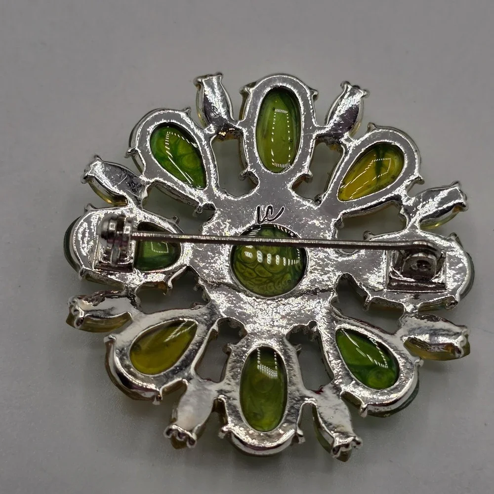 Liz Claiborne Vintage‎ Estate Art Deco Style Brooch Green Amber Gemstones Glam
